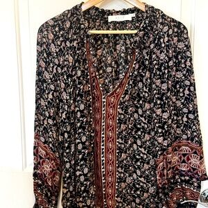 ASTR Black Floral Tunic with Burgundy Embroidered Trim